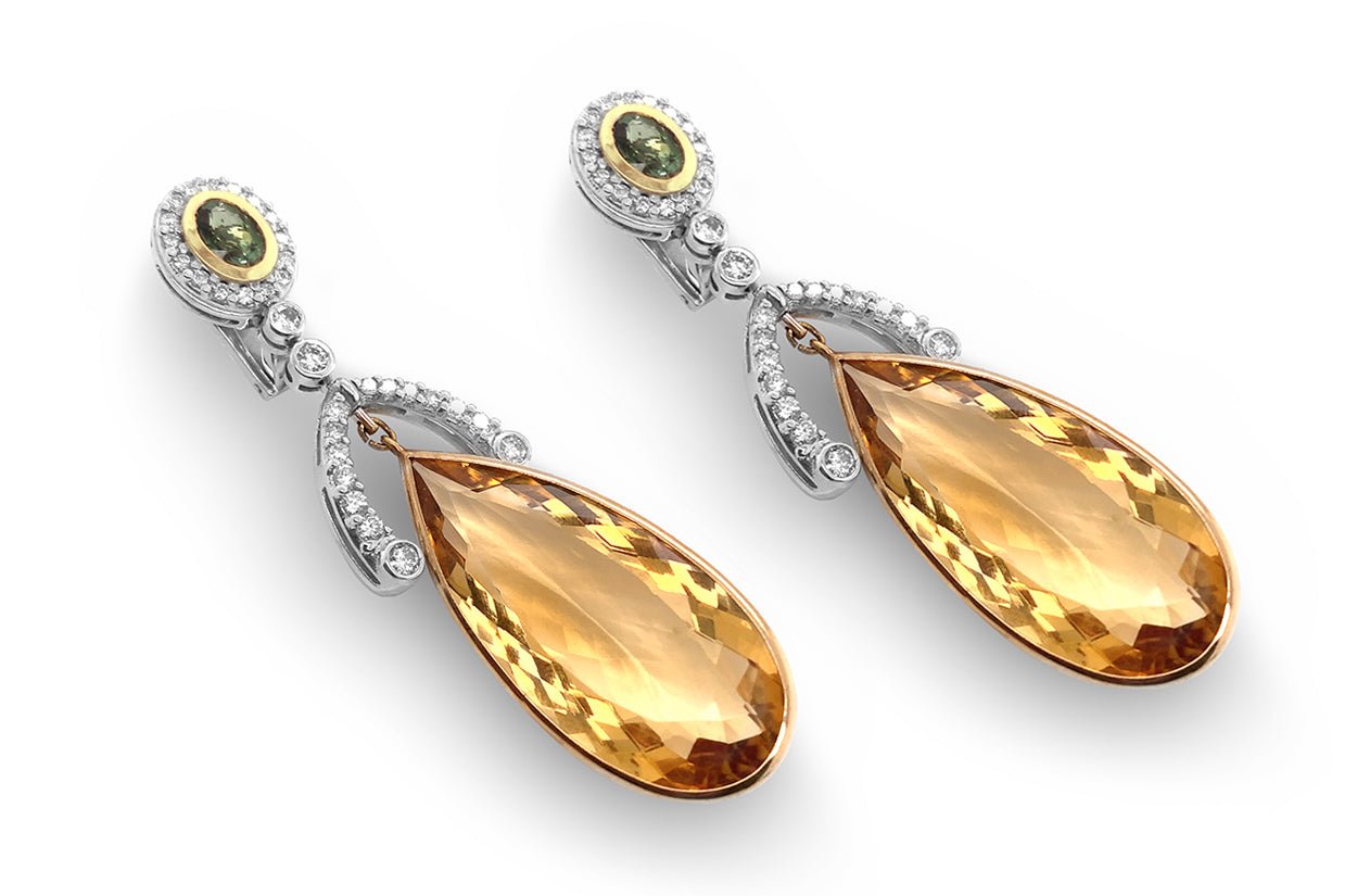 Earrings 18kt Gold Citrine Tears with Green Tourmalines &amp; Diamonds - Diamond Tales Fine Jewelry
