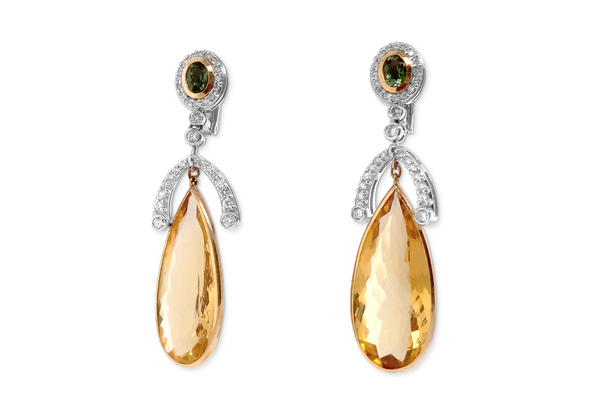 Earrings 18kt Gold Citrine Tears with Green Tourmalines &amp; Diamonds - Diamond Tales Fine Jewelry