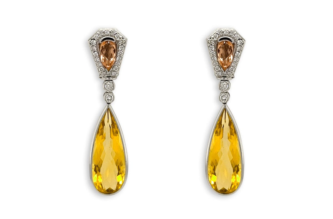 Earrings 18kt Gold Citrines Drop with Precious Topaz &amp; Diamonds - Diamond Tales Fine Jewelry