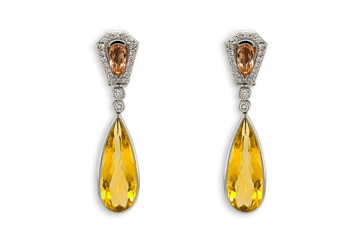 Earrings 18kt Gold Citrines Drop with Precious Topaz &amp; Diamonds - Diamond Tales Fine Jewelry