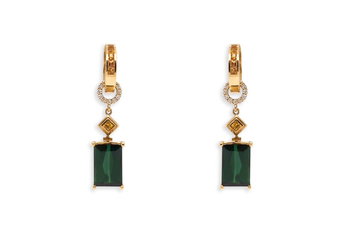 Earrings 18kt Gold Detachable Green Tourmalines Sapphires &amp; Diamonds - Diamond Tales Fine Jewelry