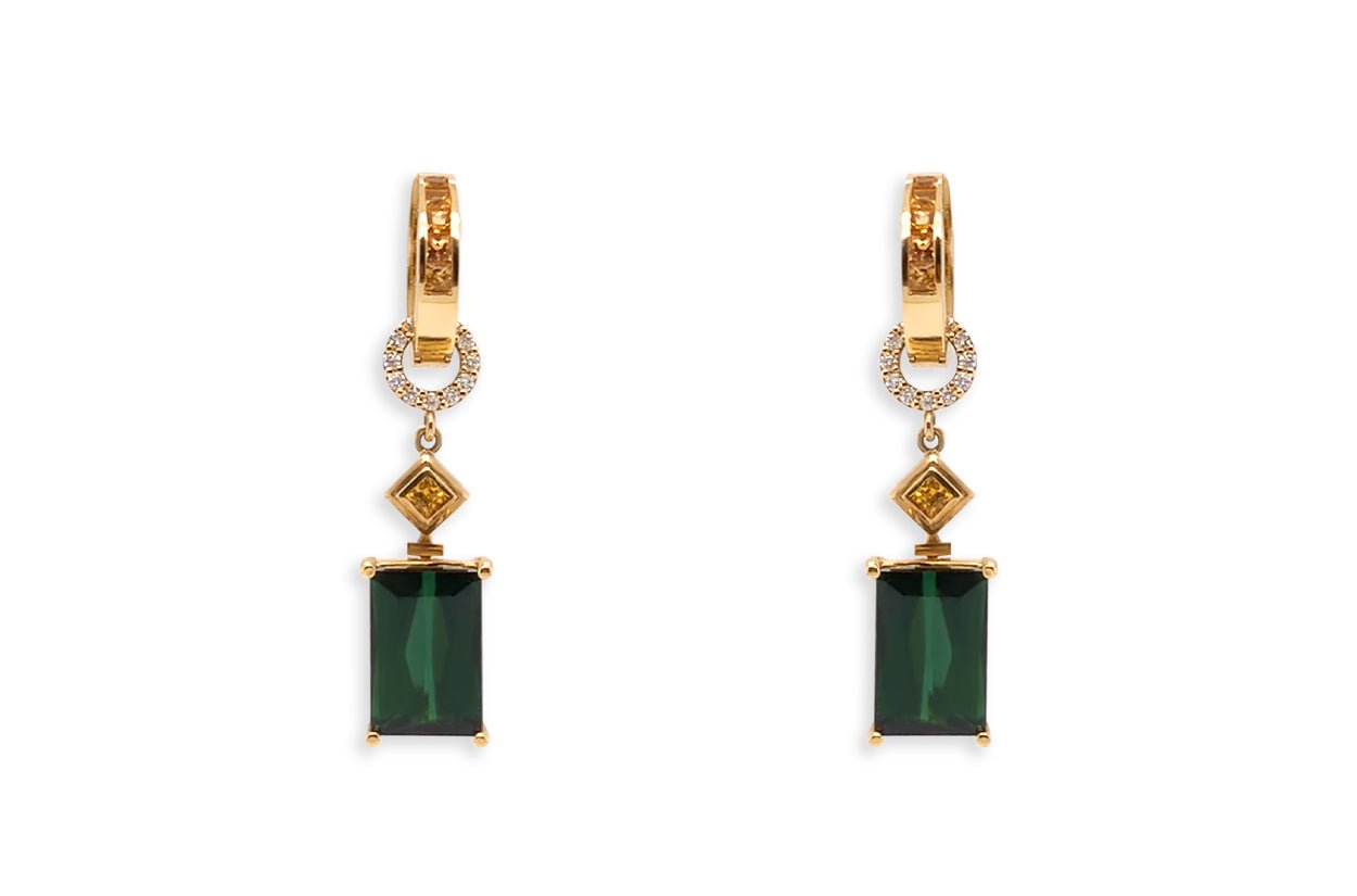 Earrings 18kt Gold Detachable Green Tourmalines Sapphires &amp; Diamonds - Diamond Tales Fine Jewelry