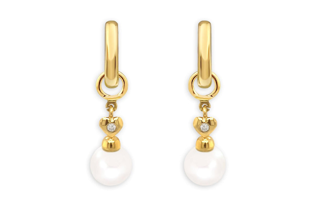 Earrings 18kt Gold Detachable Pearls &amp; Hearts with Diamonds Drop - Diamond Tales Fine Jewelry