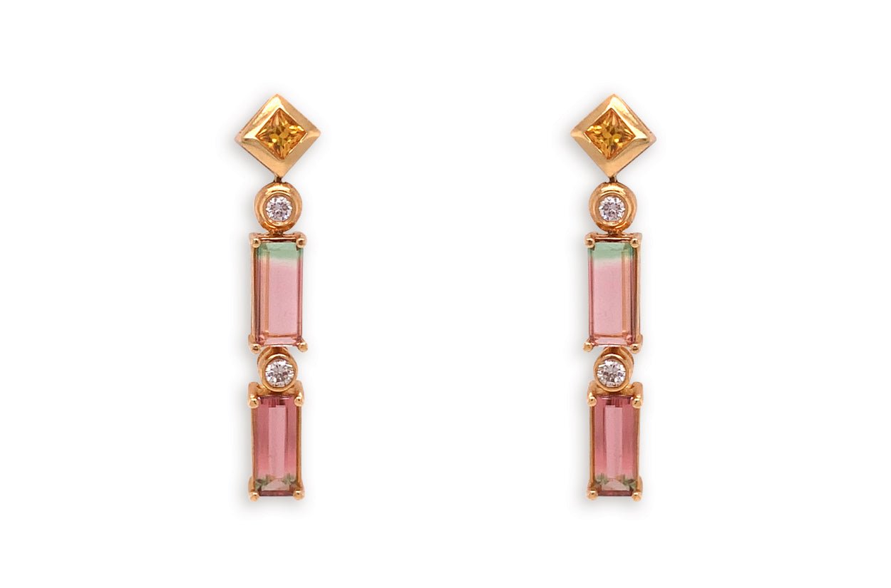 Earrings 18kt Gold Double Bicolor Tourmaline Sapphires &amp; Diamonds - Diamond Tales Fine Jewelry Earrings