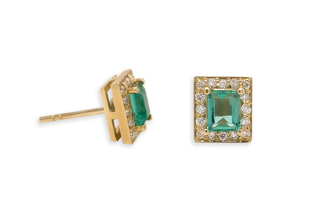 Earrings 18kt Gold Emeralds &amp; Diamonds Halo Studs - Diamond Tales Fine Jewelry