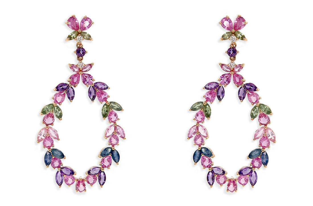 Earrings 18kt Gold Floral Sapphires Amethyst &amp; Diamonds Drop - Diamond Tales Fine Jewelry