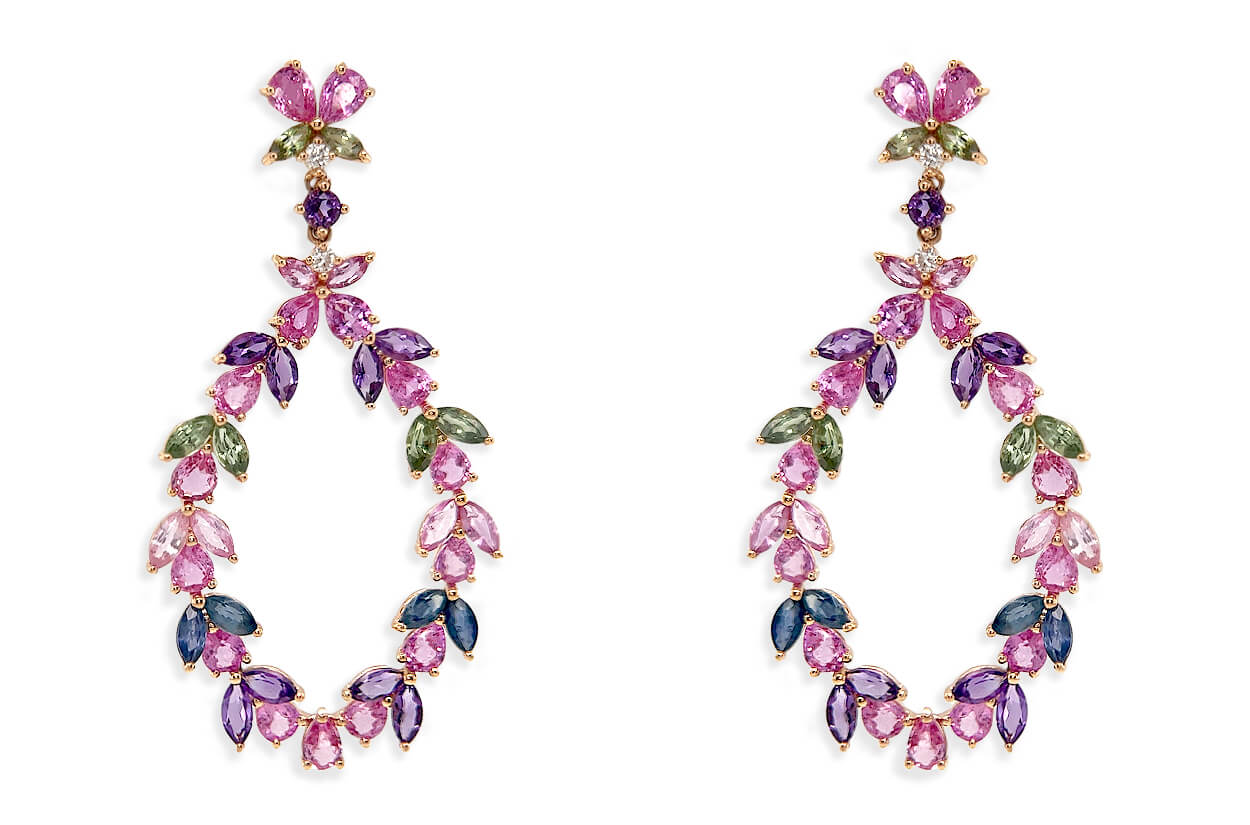 Earrings 18kt Gold Floral Sapphires Amethyst &amp; Diamonds Drop - Diamond Tales Fine Jewelry