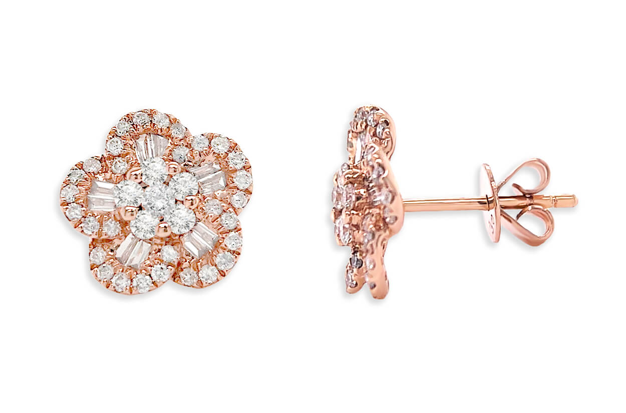 Earrings 18kt Gold Flowers Baguette &amp; Round Diamonds - Diamond Tales Fine Jewelry