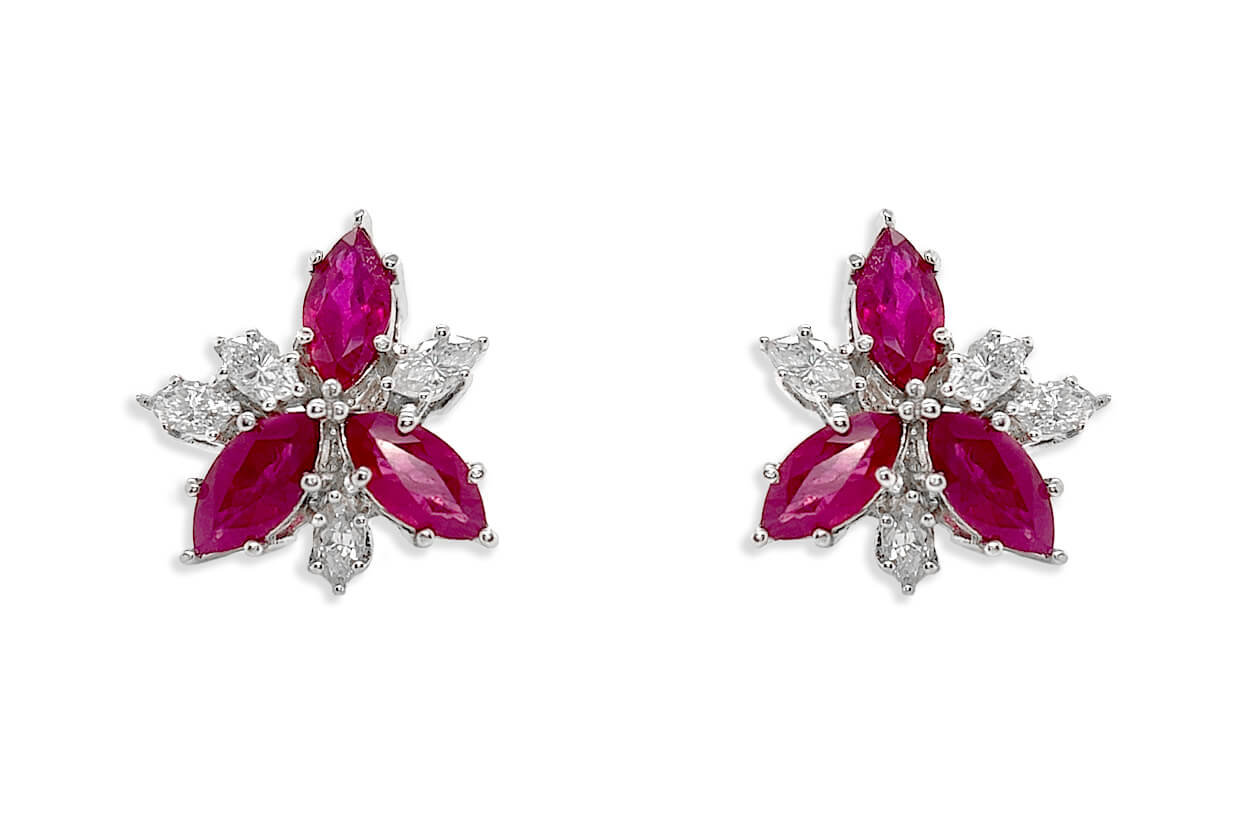 Earrings 18kt Gold Flowers Marquise Rubies &amp; Diamonds - Diamond Tales Fine Jewelry