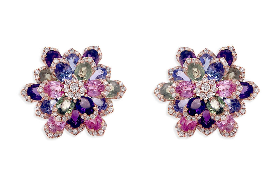 Earrings 18kt Gold Flowers Multicolor Gemstones &amp; Diamonds - Diamond Tales Fine Jewelry