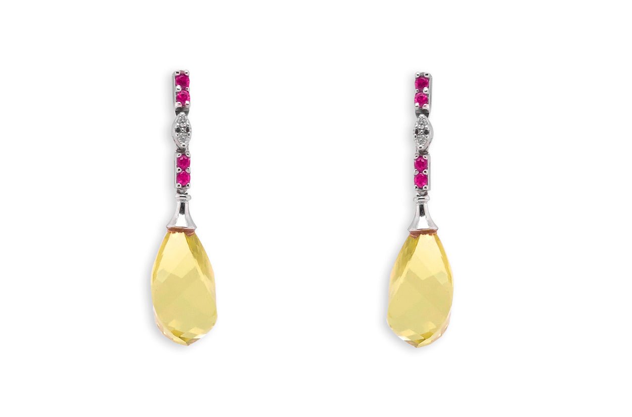 Earrings 18kt Gold Lemon Citrine Briolettes with Pink Sapphires &amp; Diamonds - Diamond Tales Fine Jewelry