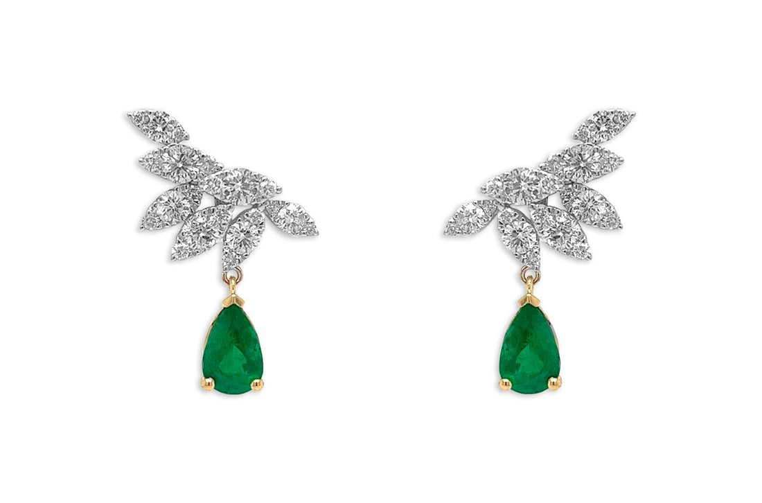 Earrings 18kt Gold Look-at-me Pear Emeralds &amp; Diamonds - Diamond Tales Fine Jewelry