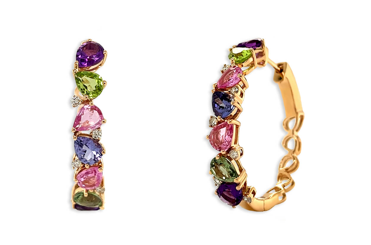 Earrings 18kt Gold Multicolor Pear Sapphires &amp; Diamonds Hoops - Diamond Tales Fine Jewelry