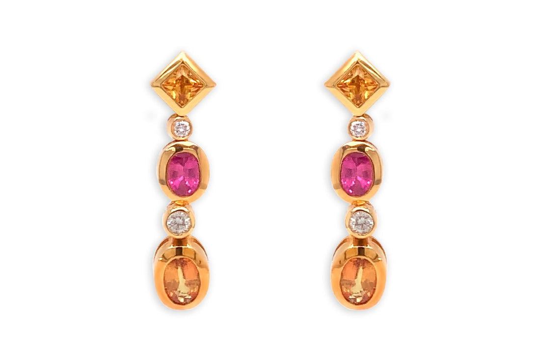 Earrings 18kt Gold Orange &amp; Pink Sapphires with Diamonds - Diamond Tales Fine Jewelry