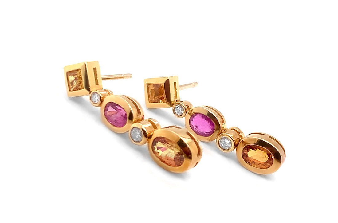 Earrings 18kt Gold Orange &amp; Pink Sapphires with Diamonds - Diamond Tales Fine Jewelry