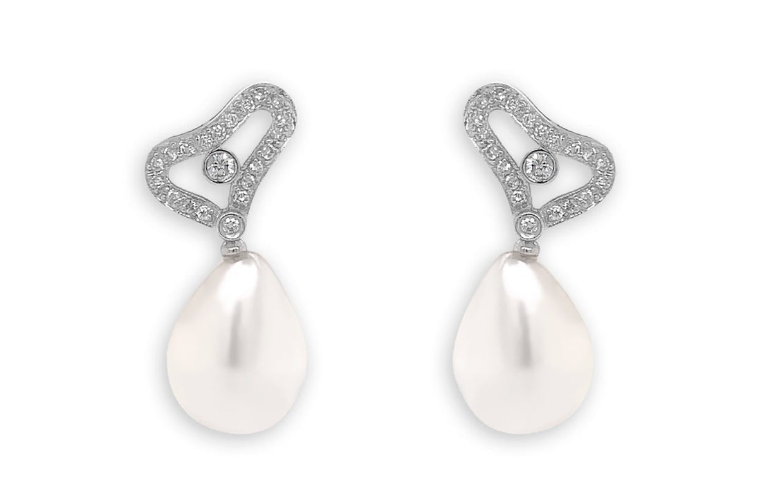 Earrings 18kt Gold Organic Shape with Pearls &amp; Diamonds Studs - Diamond Tales Fine Jewelry