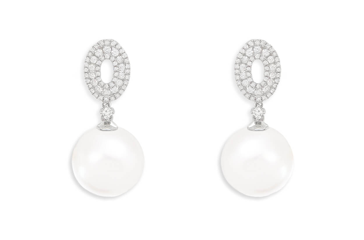 Earrings 18kt Gold Outline Diamonds Ovals &amp; Pearls Drop - Diamond Tales Fine Jewelry