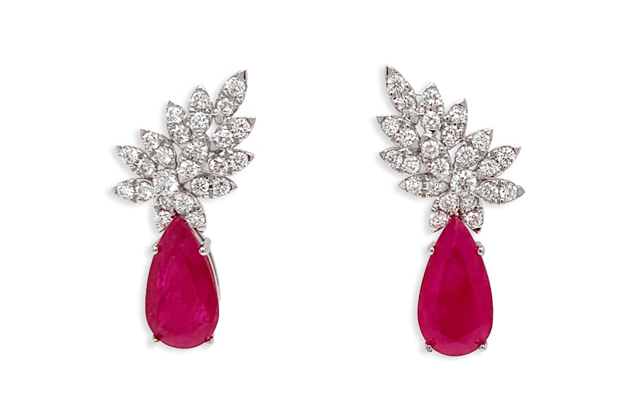 Earrings 18kt Gold Pear Rubies &amp; Diamonds Statement Drops - Diamond Tales Fine Jewelry