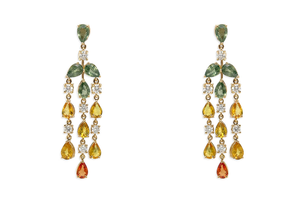 Earrings 18kt Gold Pear Sapphires &amp; Diamonds Chandelier - Diamond Tales Fine Jewelry