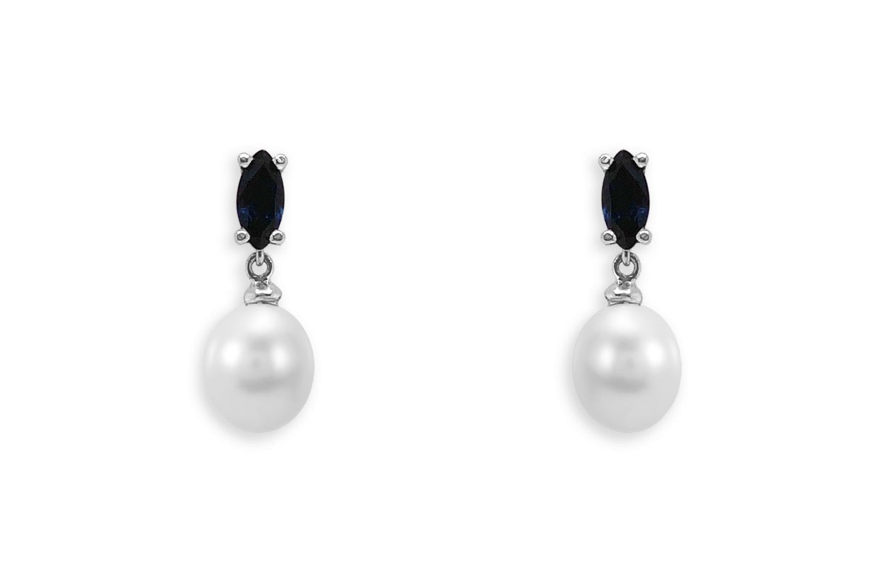 Earrings 18kt Gold Pearls &amp; Marquise Sapphires - Diamond Tales Fine Jewelry