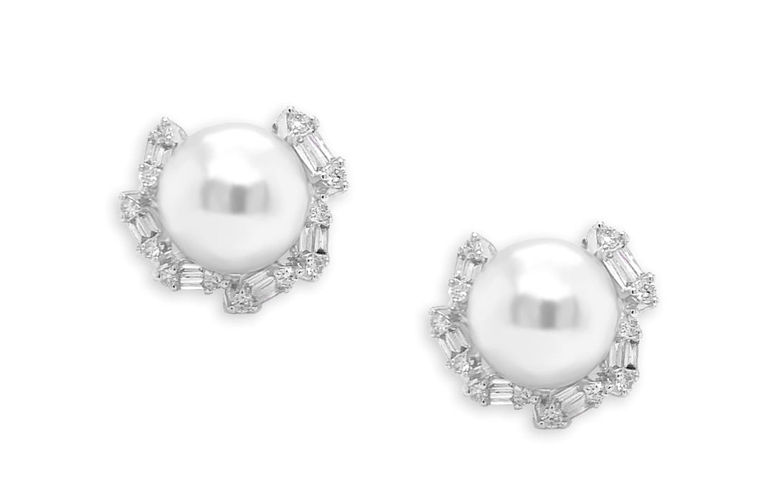 Earrings 18kt Gold Pearls &amp; Surrounding Diamonds Studs - Diamond Tales Fine Jewelry