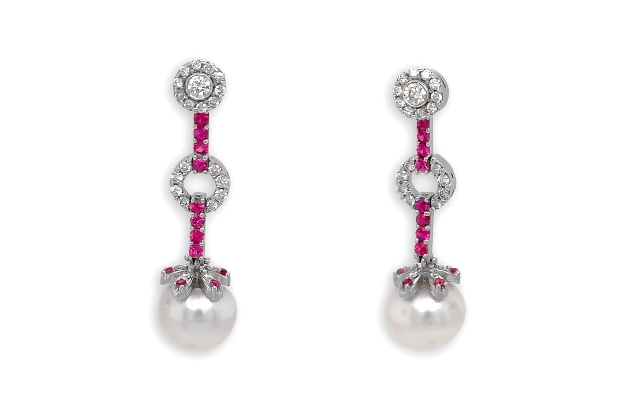 Earrings 18kt Gold Pink Sapphires with Pearls &amp; Detachable Diamonds - Diamond Tales Fine Jewelry