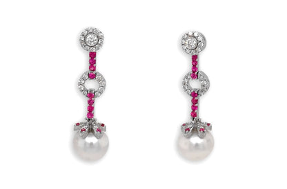Earrings 18kt Gold Pink Sapphires with Pearls &amp; Detachable Diamonds - Diamond Tales Fine Jewelry