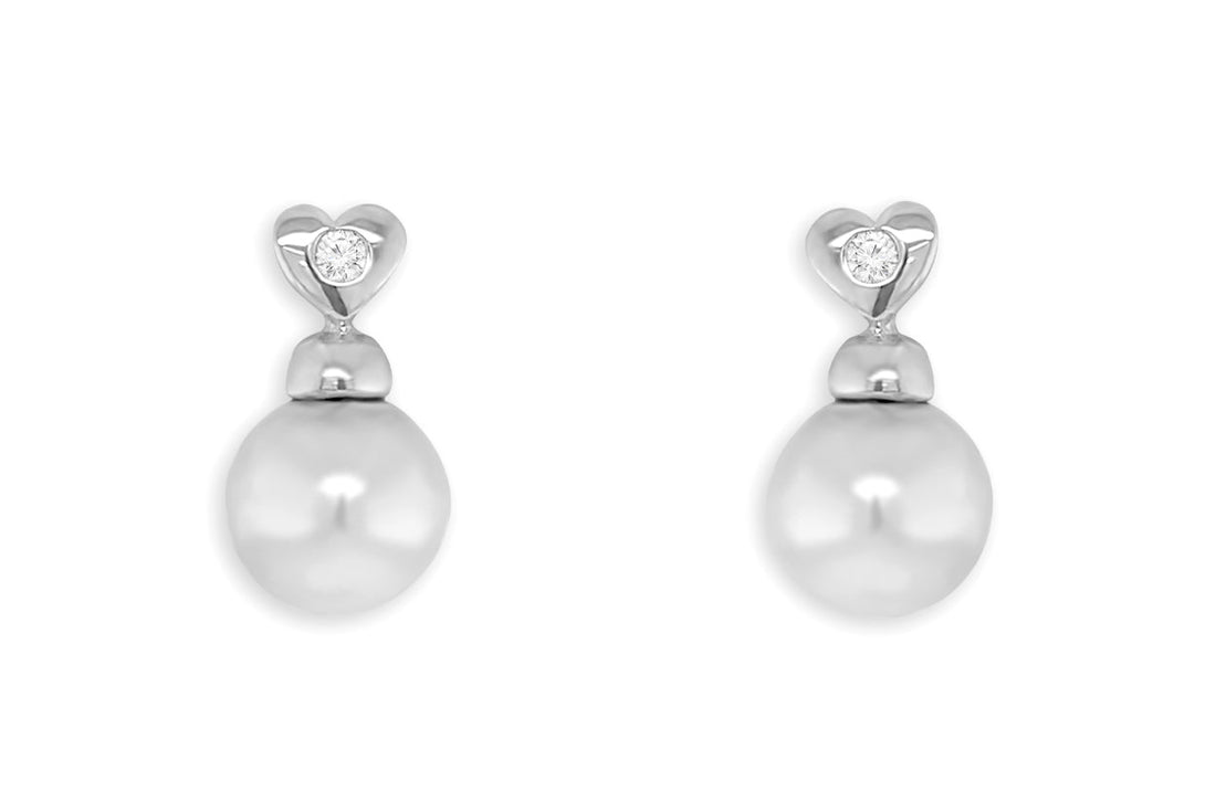 Earrings 18kt Gold Round Grey Pearls &amp; Center Diamonds Hearts Studs - Diamond Tales Fine Jewelry