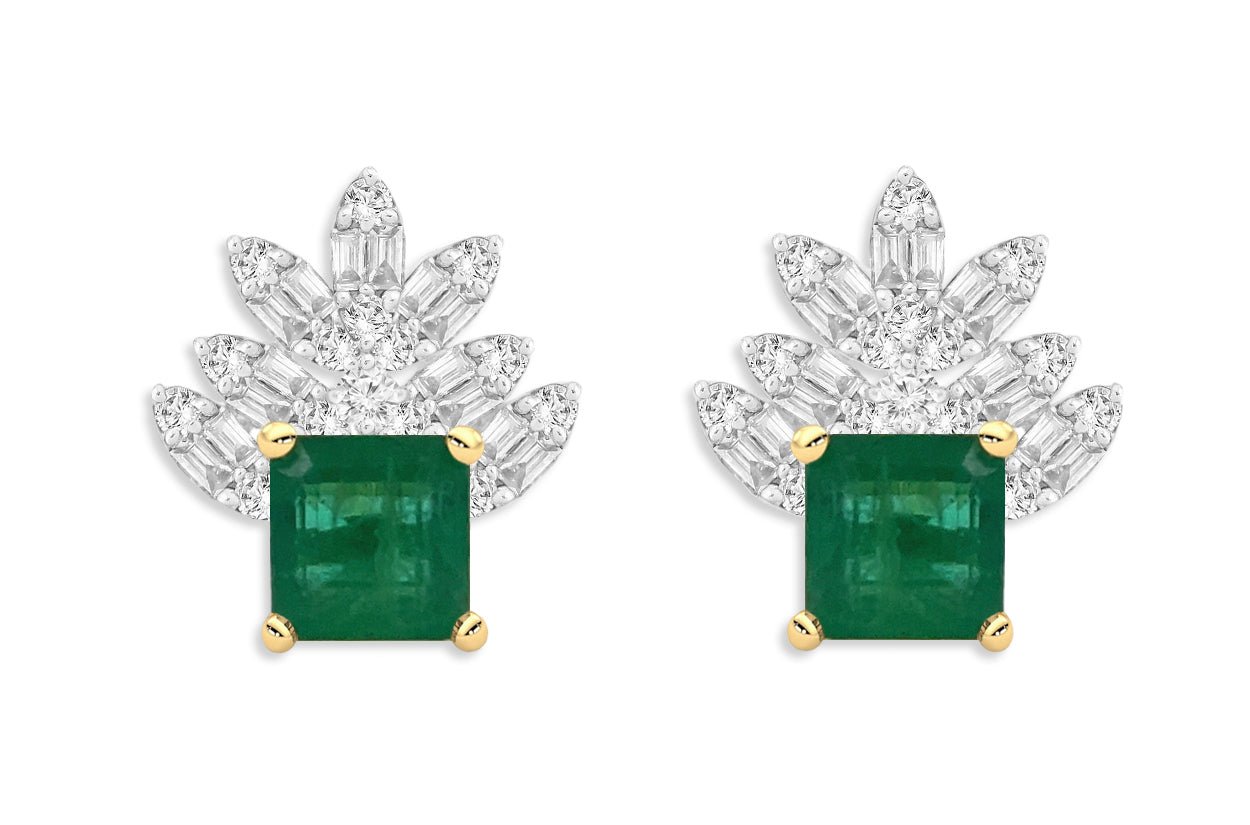 Earrings 18kt Gold Square Emerald &amp; Marquise Illusion Diamonds - Diamond Tales Fine Jewelry