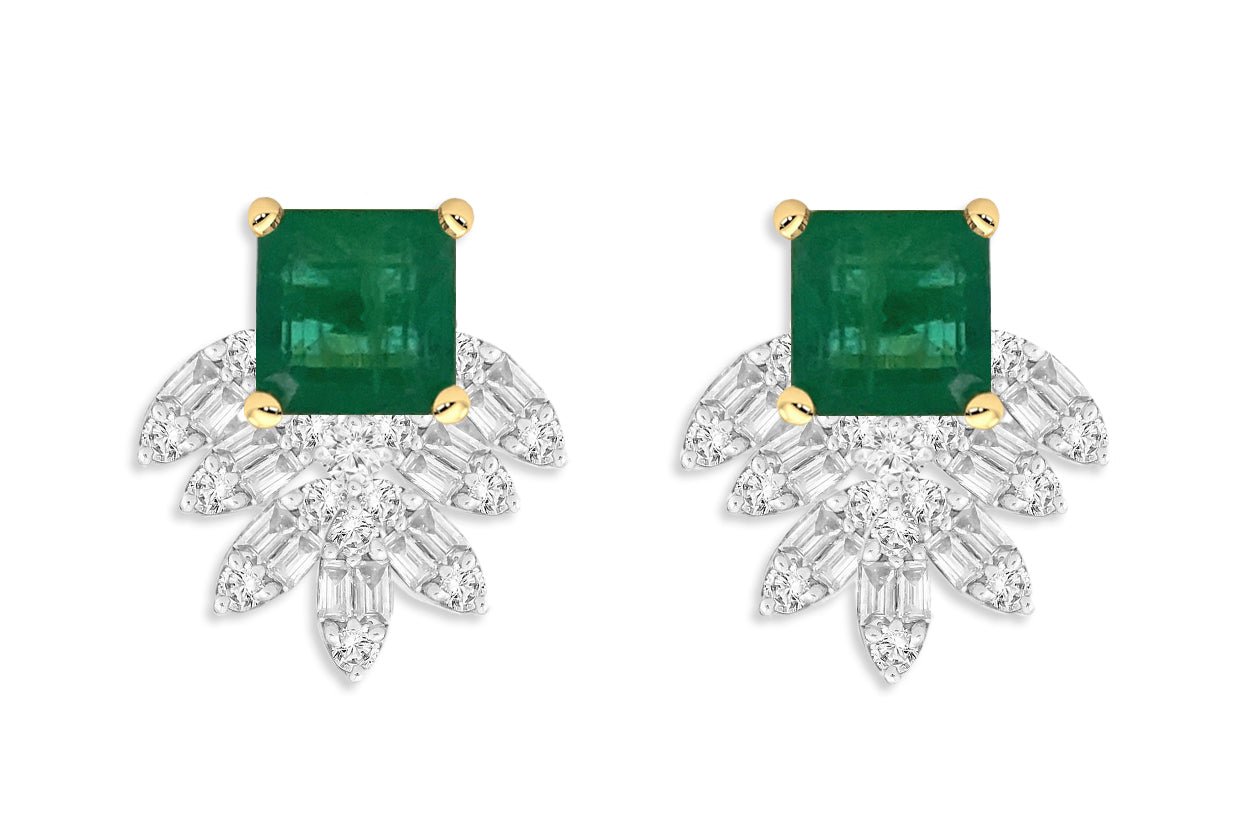 Earrings 18kt Gold Square Emerald &amp; Marquise Illusion Diamonds - Diamond Tales Fine Jewelry