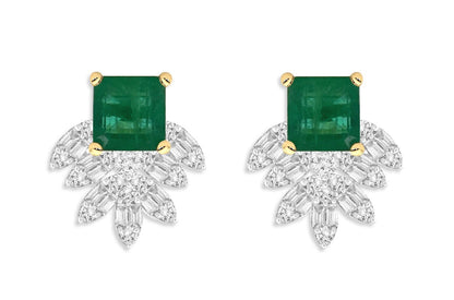 Earrings 18kt Gold Square Emerald &amp; Marquise Illusion Diamonds - Diamond Tales Fine Jewelry