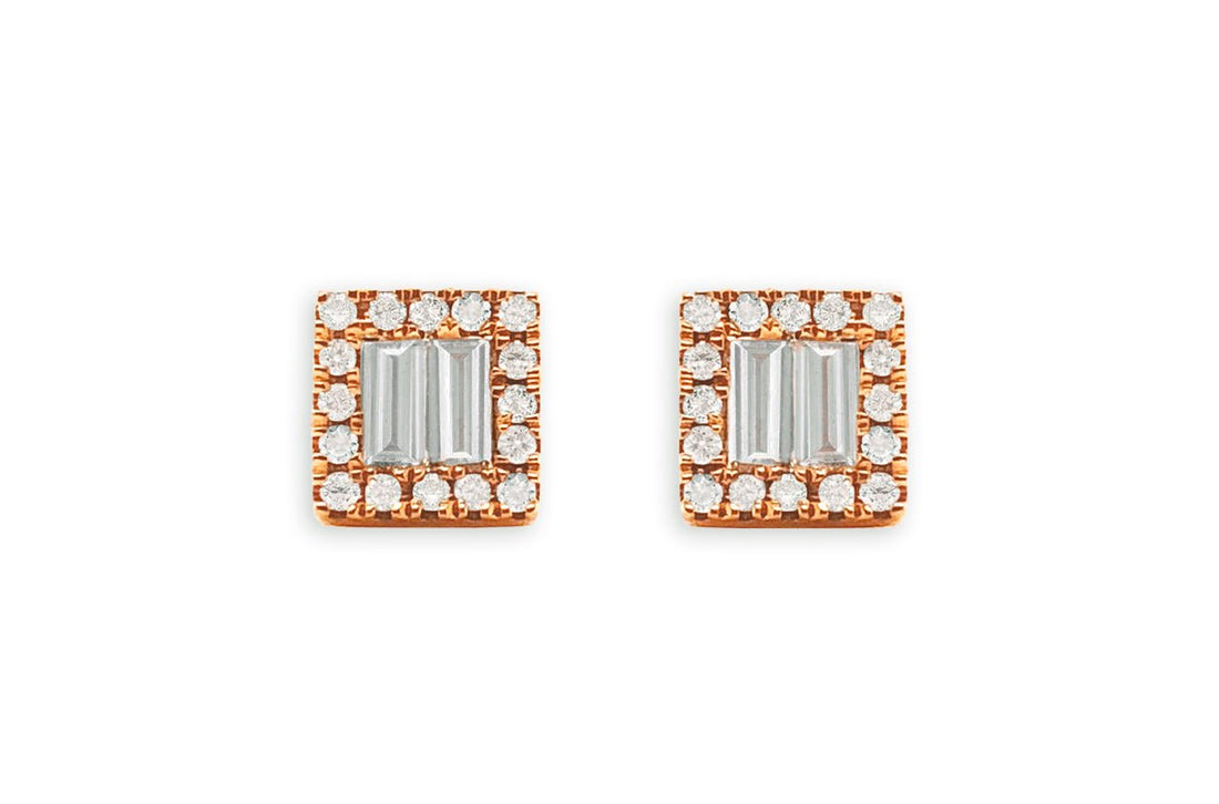 Earrings 18kt Gold Square Illusion Baguettes &amp; Rounds Diamonds Studs - Diamond Tales Fine Jewelry