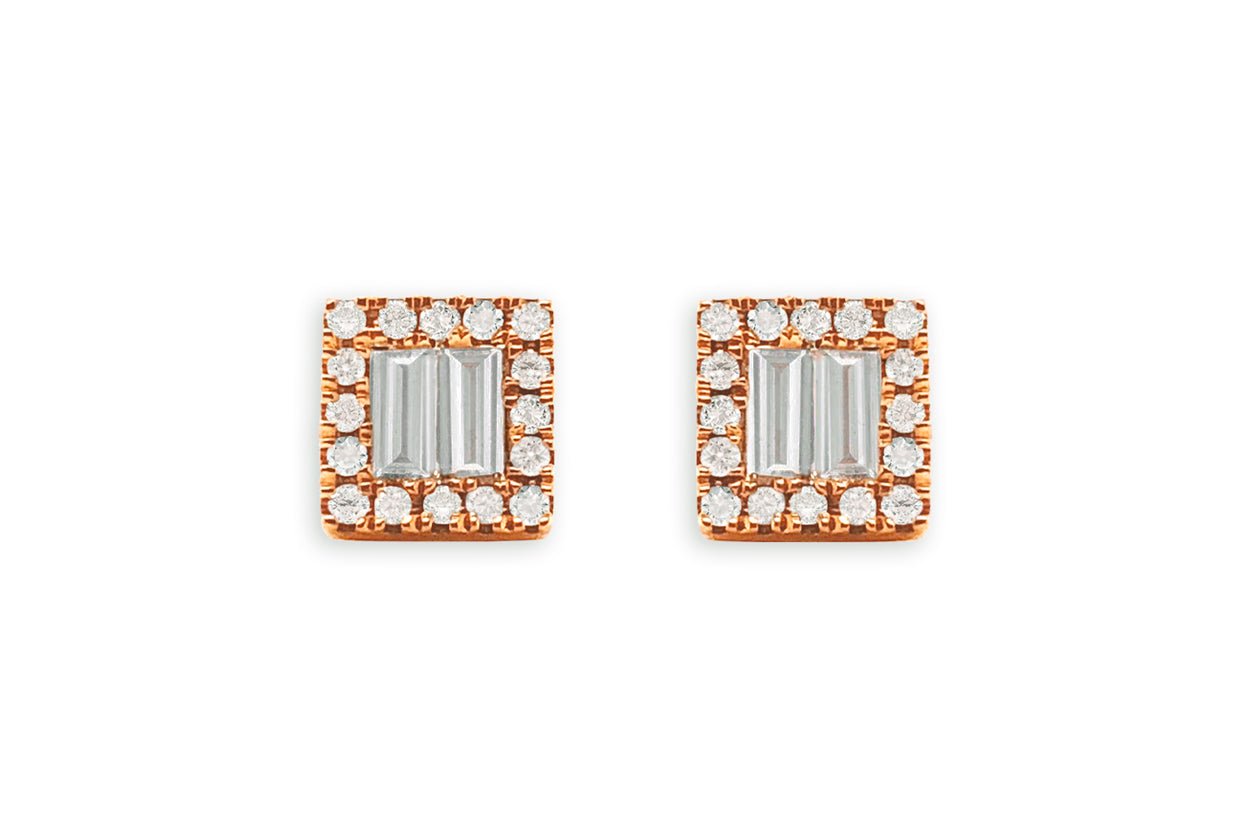 Earrings 18kt Gold Square Illusion Baguettes &amp; Rounds Diamonds Studs - Diamond Tales Fine Jewelry