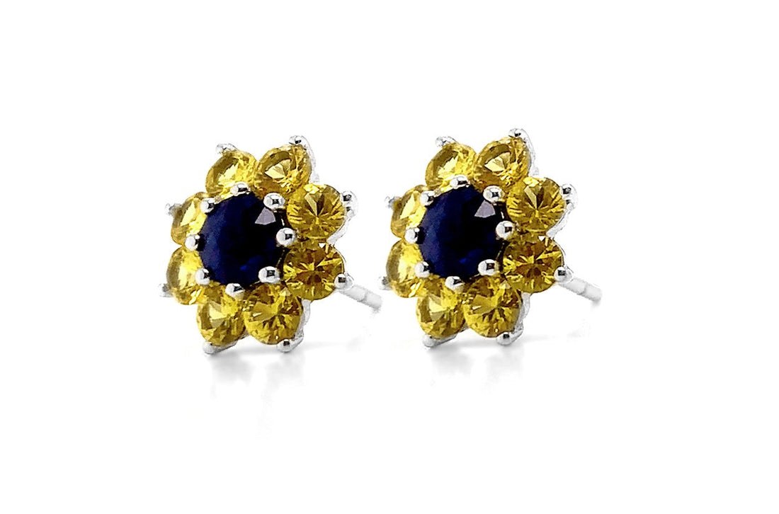 Earrings 18kt Gold Sunflowers with Sapphires Stud - Diamond Tales Fine Jewelry