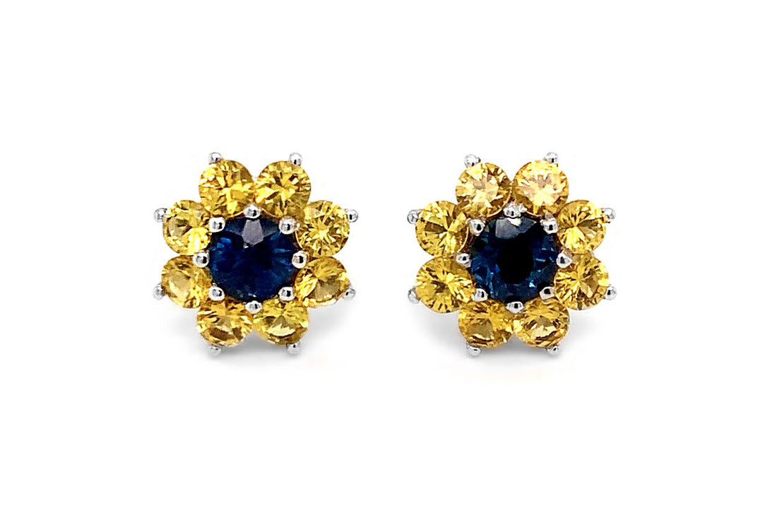 Earrings 18kt Gold Sunflowers with Sapphires Stud - Diamond Tales Fine Jewelry