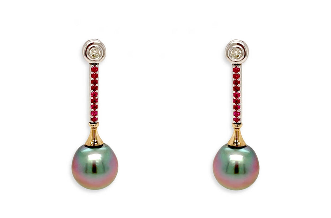 Earrings 18kt Gold Tahití Pearls with Rubies &amp; Diamonds Drop - Diamond Tales Fine Jewelry