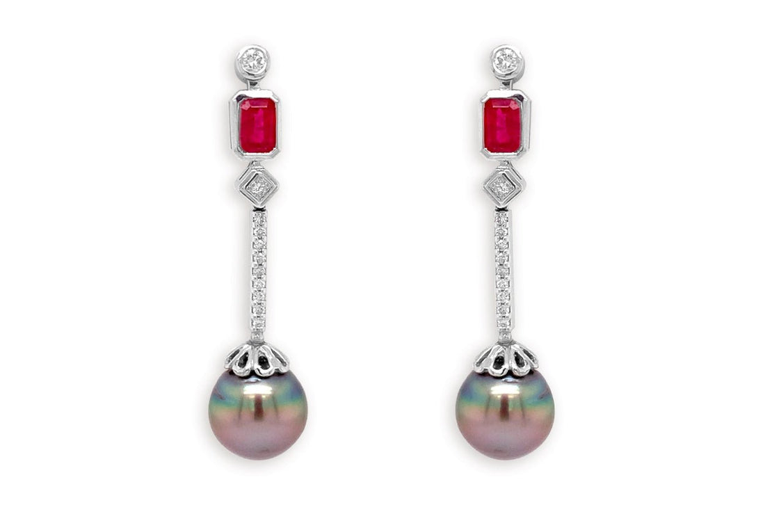 Earrings 18kt Gold Tahití Pearls with Rubies &amp; Diamonds studs - Diamond Tales Fine Jewelry