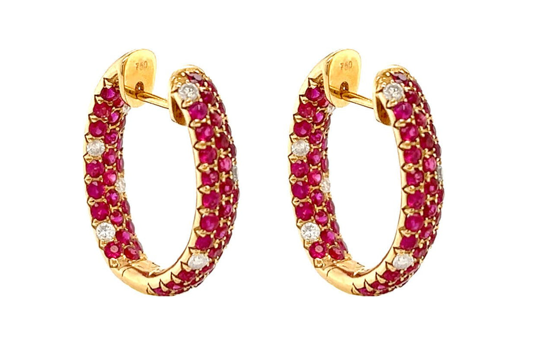 Earrings 18kt Gold Three-Row Rubies &amp; Diamonds Hoops - Diamond Tales Fine Jewelry