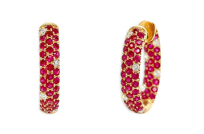 Earrings 18kt Gold Three-Row Rubies &amp; Diamonds Hoops - Diamond Tales Fine Jewelry