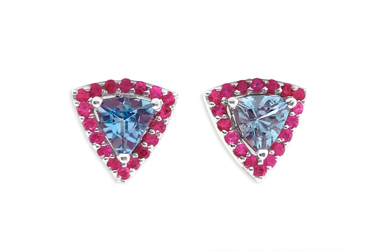 Earrings 18kt Gold Trillion Aquamarines &amp; Pink Sapphires - Diamond Tales Fine Jewelry