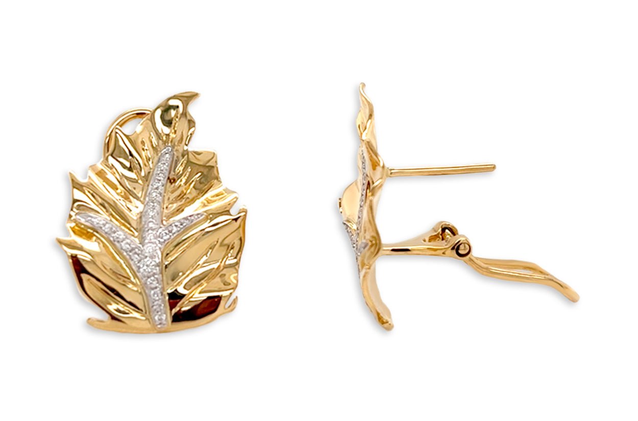 Earrings 18kt Gold Yellow Leaves &amp; Diamonds Omega Back - Diamond Tales Fine Jewelry