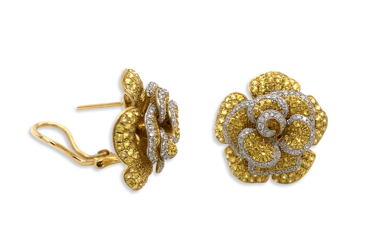 Earrings 18kt Gold Yellow Sapphire Flowers &amp; Diamonds - Diamond Tales Fine Jewelry