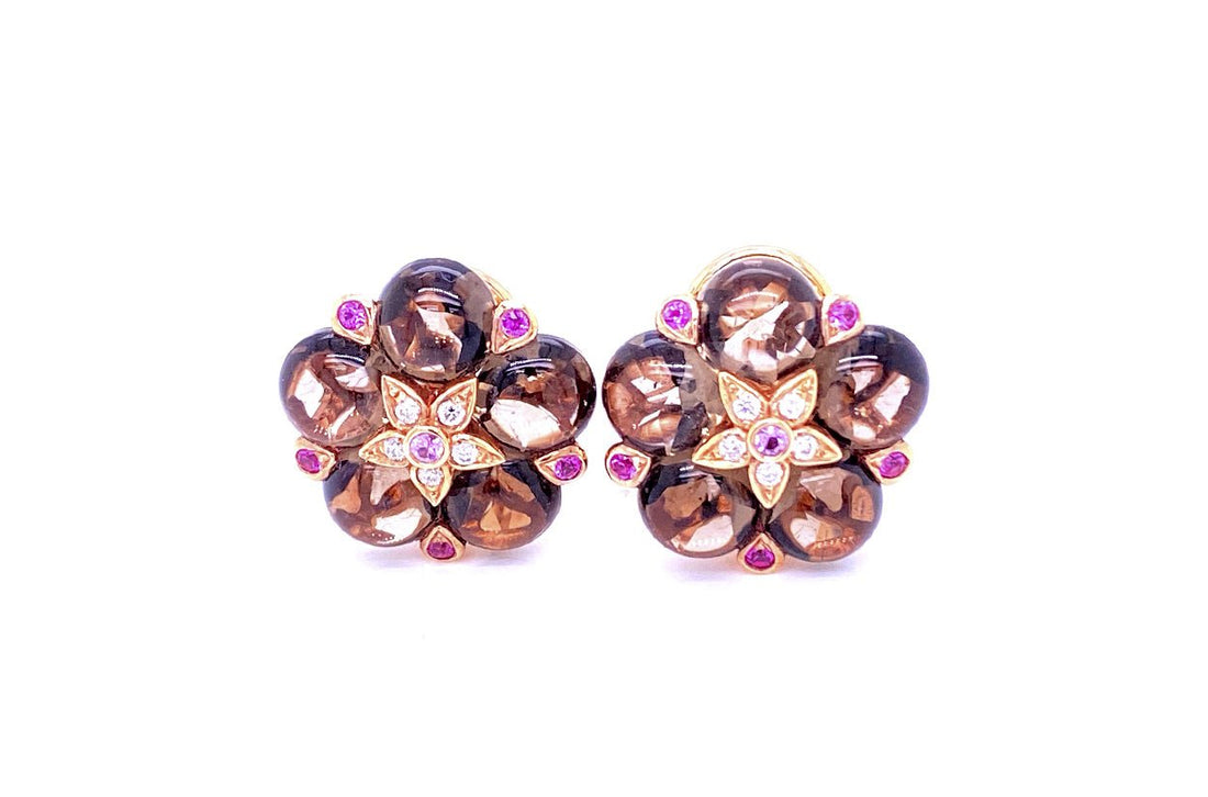 Earrings 18kt Rose Gold Smokey Topaz Clip Flowers - Diamond Tales Fine Jewelry