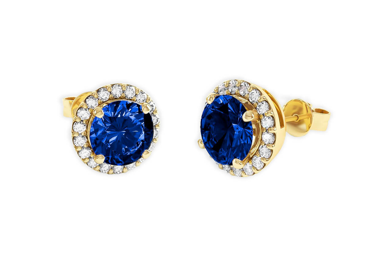 Earrings 18kt Round Sapphire &amp; Diamonds Halo - Diamond Tales Fine Jewelry