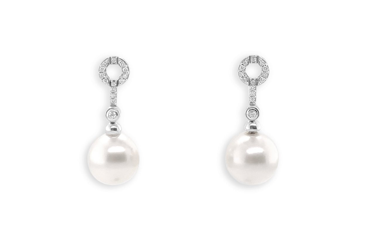 Earrings 18kt White Gold Dangle South Sea Pearl &amp; Diamonds - Diamond Tales Fine Jewelry