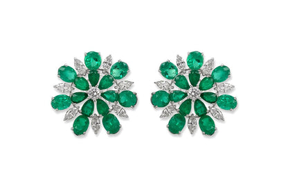 Earrings 18kt White Gold Flowers Emeralds &amp; Diamonds - Diamond Tales Fine Jewelry