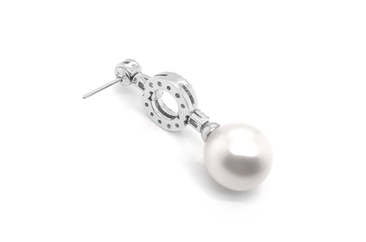 Earrings 18kt White Gold Large Dangle South Sea Pearl &amp; Diamonds - Diamond Tales Fine Jewelry