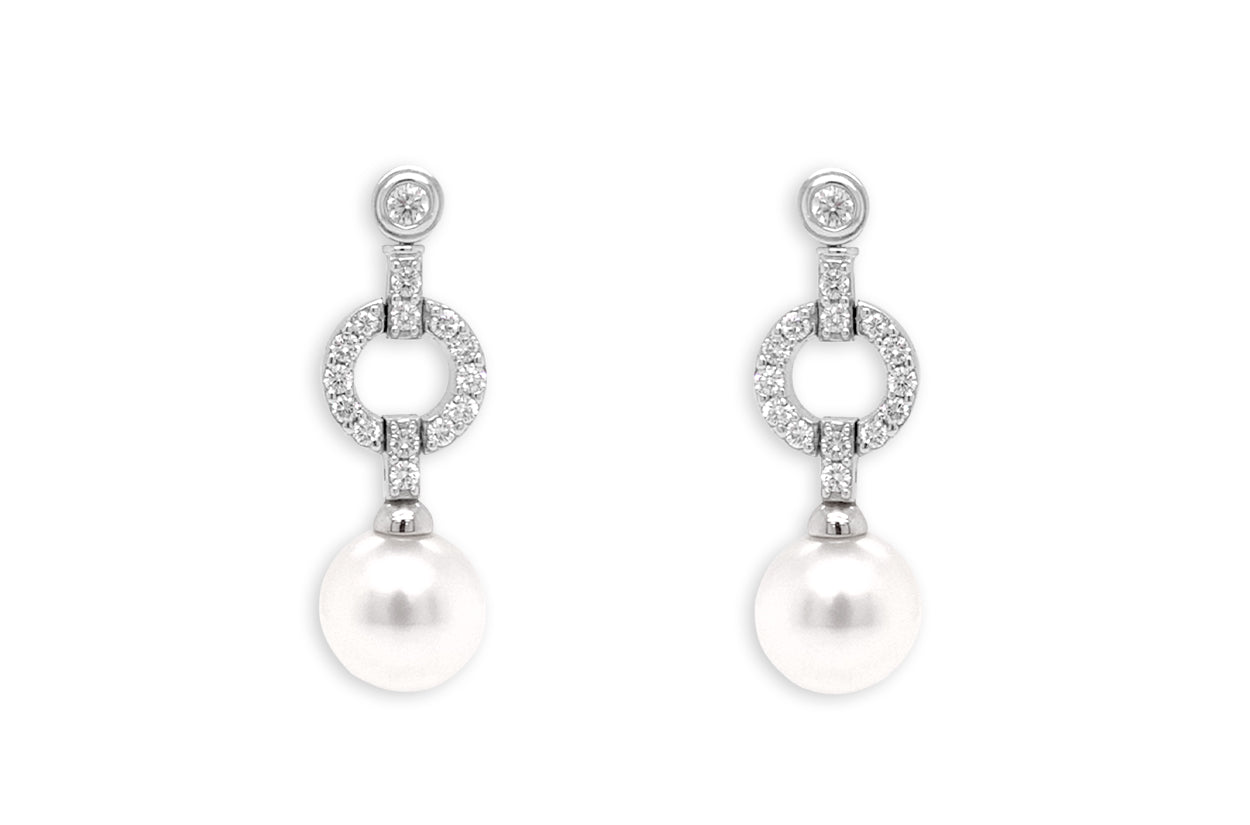 Earrings 18kt White Gold Large Dangle South Sea Pearl &amp; Diamonds - Diamond Tales Fine Jewelry