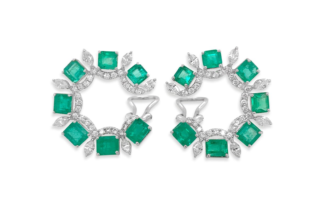 Earrings 18kt White Gold Look-At-Me Emeralds &amp; Diamonds - Diamond Tales Fine Jewelry