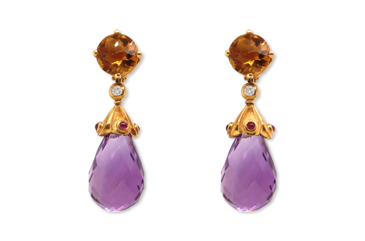 Earrings Citrine Faceted, Ruby Cabouchons &amp; Faceted Amethyst Teardrop - Diamond Tales Fine Jewelry